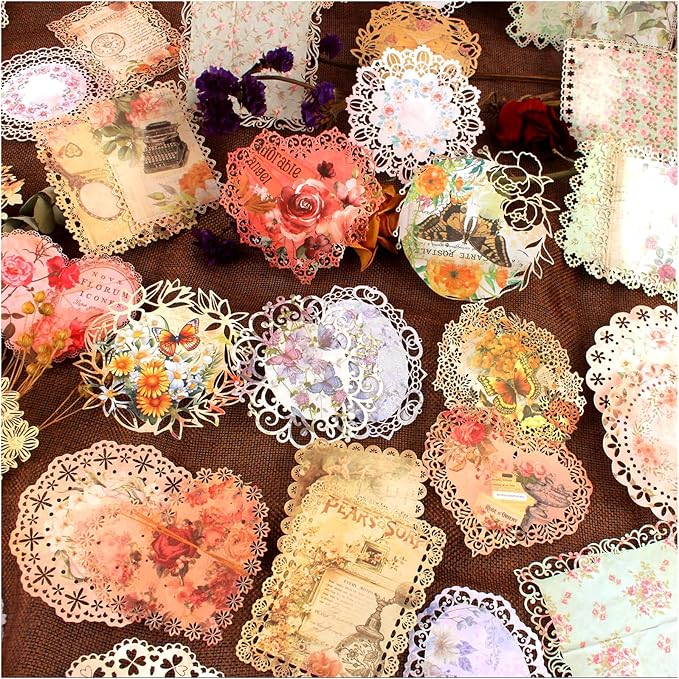 Antique Cutouts Lace Edge Scrapbook Paper, 60Pcs Decorative Floral Backround Paper for Scrapbooking, Journaling, Collage, Card Making, Junk Journal Supplies, Album Art Crafts