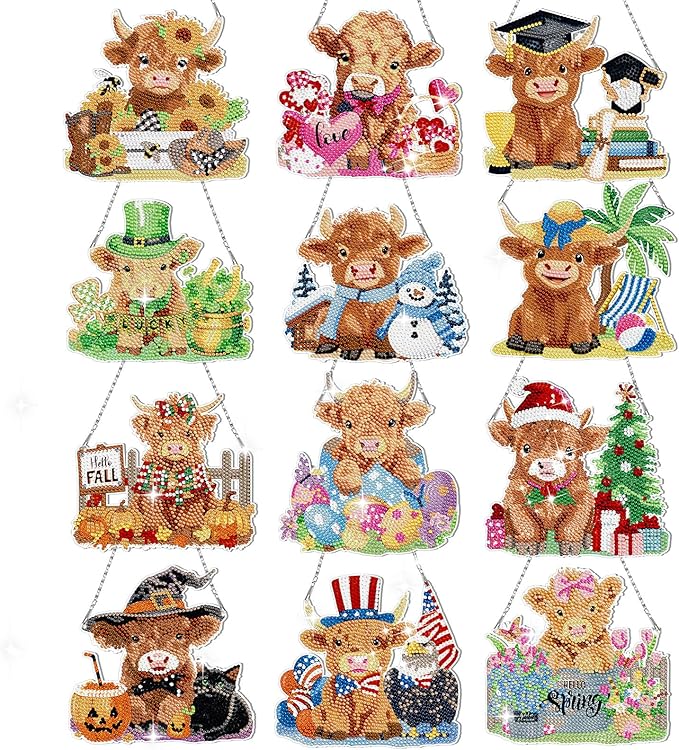 Cinnvoice 12 Pcs Seasonal Diamond Art Wreath Kits Holiday 5d DIY Diamond Art Hanging Signs Winter Spring Ornaments for Wall Door Decoration(Cow)
