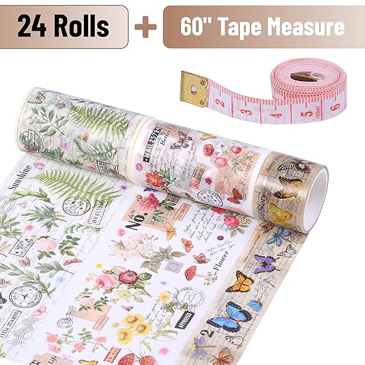Mr. Pen- Washi Tape Set, 24 Rolls, Assorted Sizes, Vintage Botanical & Butterfly, Washi Tape for Journaling