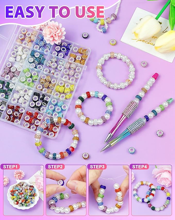 200pcs fiveizero rhinestone large hole beads for jewelry making, 20 colors rhinestone european bead bulk spacer beads for beadable pens, diy crafts