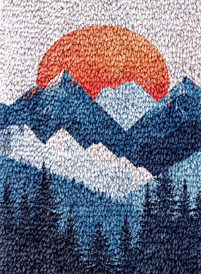 Red Sunset and Mountain Latch Hook Rug Kit for Adults DIY Carpet Cushion with Printed Canvas Crochet Yarn Craft Hook and Latch Tapestry for Home Decor Pets Warm Pads 60x40cm(2)