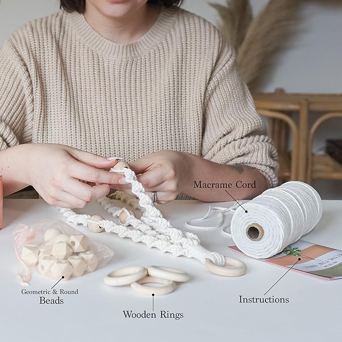 macrame kit - makes 3 macrame plant hangers with easy to follow instructions for adult beginners - includes 109 yards 3mm cotton macrame cord, natural wooden beads & custom instruction booklet