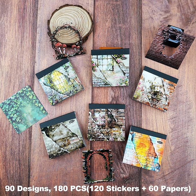 PET & Washi Sticker and Paper Kit – 180 PCS Vintage Brick Wall & Vine Ephemera for Scrapbook, Junk Journal, Collage and DIY Crafts