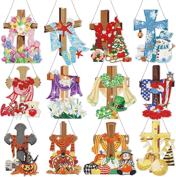 Cinnvoice 12 Pcs Seasonal Diamond Art Wreath Kits Holiday 5d DIY Diamond Art Hanging Signs Winter Spring Ornaments for Wall Door Decoration(Cross)