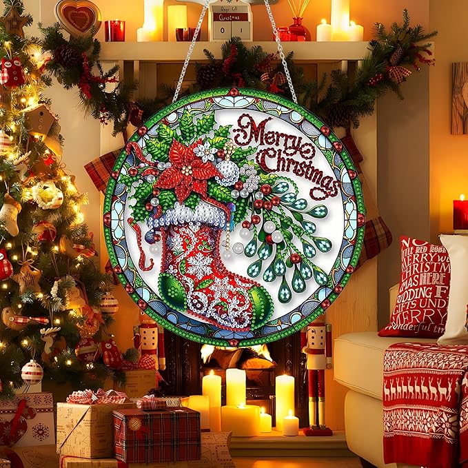 Diamond Art Hanging Kit for Adult,Special Shaped Rhinestone,DIY Acrylic Diamond Art Painting Window Pendants Home Garden Wall Hanging Kits Hanging Ornament,Double Sided. (Christmas Socks-1)