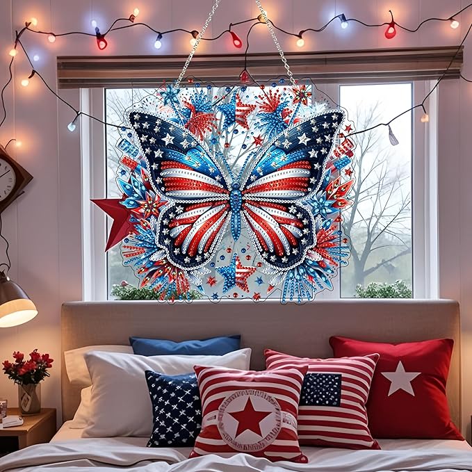 DIY Diamond Art Painting Wreath Kits，Special Shaped Rhinestone Hanging Ornament Diamond Art Window Pendants for Gift Home Garden Wall Hanging Kits,Double Sided (4th of July-Butterfly)
