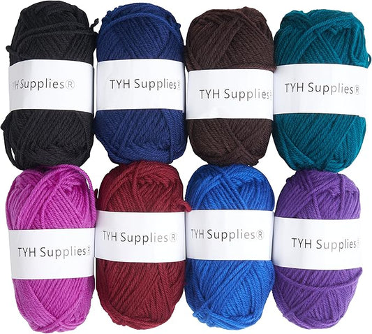 TYH Supplies 8 Acrylic Yarn Skeins Dark Colors | 560 Yards Soft DK Light Worsted Yarn for Knitting & Crocheting – Amigurumi, Hats, Scarves, Small Crafts – Crochet Kit for Beginners & Adults