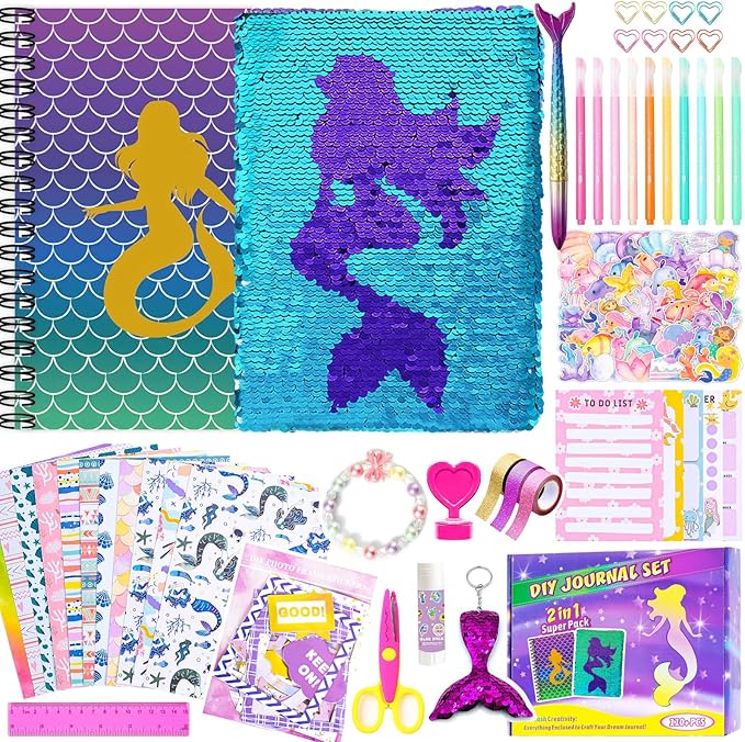 2-pack diy journal kit for girls ages 8-12 13 14 year olds, birthday gifts for teen girls, 110pcs art crafts scrapbook supplies for tween kids, kawaii diary stationary set with mermaid sequin journal