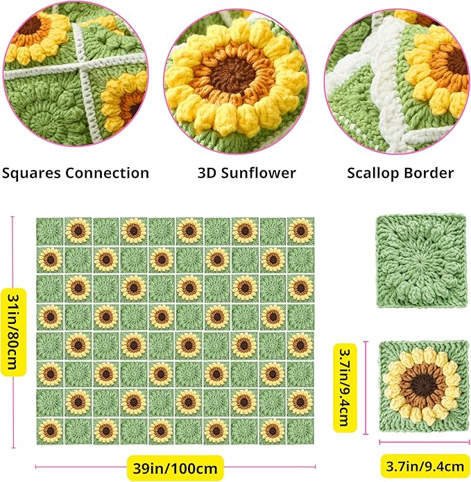 CSWCS Crochet Blanket Kit for Beginners, Sunflower Granny Square Crochet Blanket Kit for Adults, Easy Learn How to Knitting with Yarn Accessories Book & Video Tutorials for Starter (39" x 31")