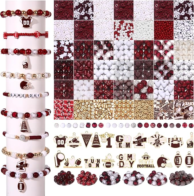 3000PCS+ Game Day Beads for Bracelets Making Clay Heishi Beads Pearl Acrylic Letter Bead Enamel Football Charms for Bracelet Earrings Necklace Making DIY Game Day Accessories (Burgundy White)