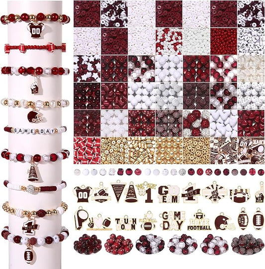 3000PCS+ Game Day Beads for Bracelets Making Clay Heishi Beads Pearl Acrylic Letter Bead Enamel Football Charms for Bracelet Earrings Necklace Making DIY Game Day Accessories (Burgundy White)