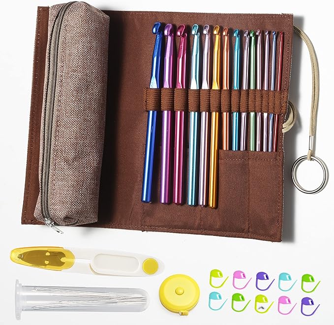 YOJOB Traditional 14 Sizes Crochet Hooks Kit, Super Smooth Crochet Needle for Beginners or Advanced (Coffee)