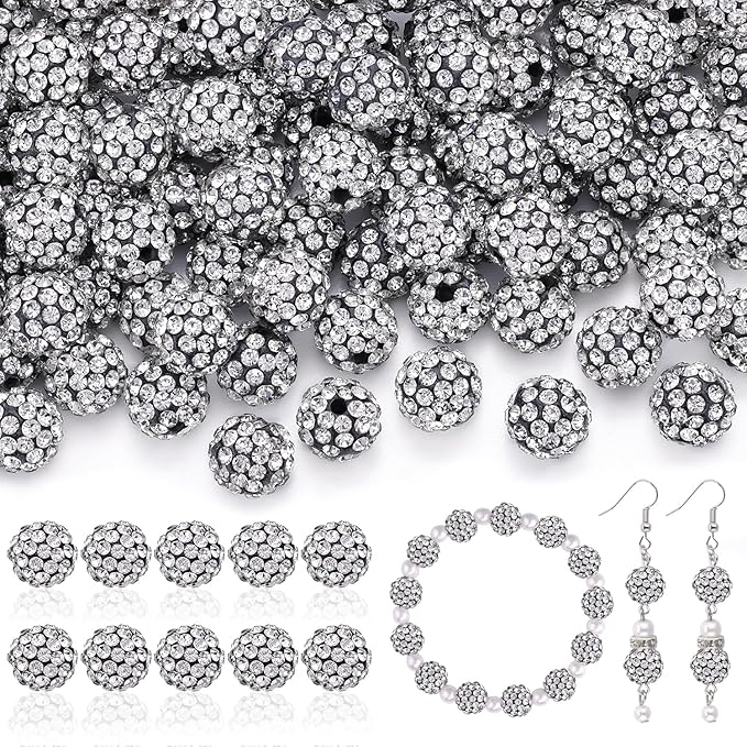 160pcs 10mm rhinestone beads for jewelry making, black white shiny round disco ball beads bulk, sparkle crystal clay christmas for bracelet baseball necklace earring crafting and diy