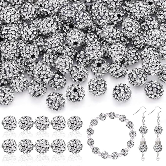 200pcs 10mm rhinestone beads for jewelry making, black white shiny round disco ball beads bulk, sparkle crystal clay christmas for bracelet baseball necklace earring crafting and diy