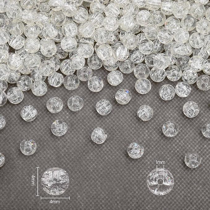 400PCs 4mm White Crackle Glass Beads Bulk, Round Smooth Hole Glass Crystal Beads for Jewelry Making, DIY Bracelets, Necklaces, Bag Charms, Keychains and Craft Projects