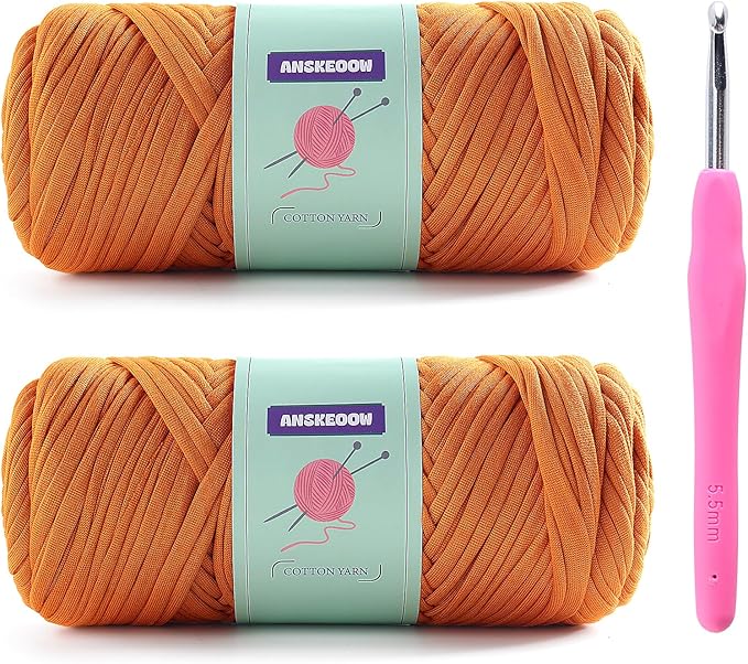 2 Skeins Tshirt Yarn for Crochet,Soft T Shirt Yarn for Crocheting Bag/Basket/Home Decor,Trapillo para Tejer a Crochet Bolsas with 1 Crochet Hook,Each Ribbon Yarn 7oz, 65yds (Turmeric)