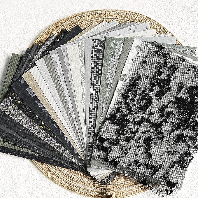 30Pcs Unique Handmade Textured Scrapbook Paper&Mesh Fabric set - A5 sheet Black&Gray Craft Mulberry Special Mix for Scrapbooking Junk Journaling Supplies Card Collage DIY Materials, 5.8x8.2 inches