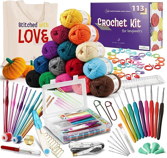 crochet kit for beginners adults and kids, 113 piece knitting & crochet supplies, 1500 yards assorted yarn, 21 ergonomic hooks, plus many accessories – beginner crochet kits ideal for amigurumi