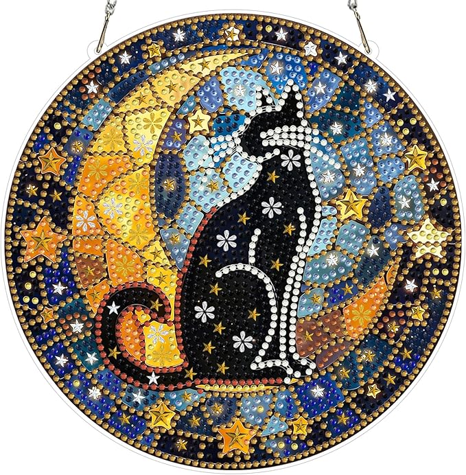 MXJSUA Stained Glass Cat Diamond Painting Art Window Suncatchers, Diamond Art Kits for Adults Hanging Ornaments with Chain, 5D Special Shape Crystal Diamond Pendant Accessories for Decor Gift