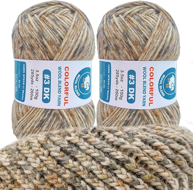 2 Pack Wool Blend Yarn, 2x3.5oz / 285yds, #3 DK, 20% Wool 80% Acrylic, Variegated, Single-Ply Soft Crochet & Knitting Wool Yarn for Sweaters, Scarves, Hats (Smoky Mirage)