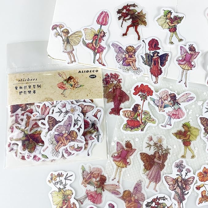 Alideco 80Pcs Vintage Flower Fairy Scrapbooking Stickers Scrapbook Paper Aesthetic Kawaii Girls Stickers for Journaling Assorted Phone Adult（huhuashizhe）