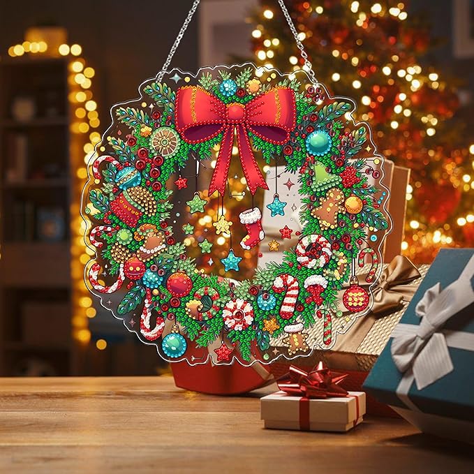 JJFox Diamond Art Hanging Kit for Adult,Special Shaped Rhinestone,Double Sided 5D DIY Acrylic Diamond Art Painting Window Pendants Home Garden Wall Hanging Kits Hanging Ornament (Christmas Wreath-2)