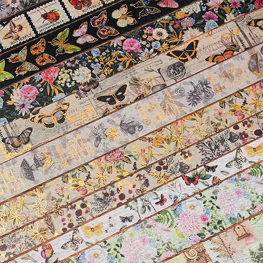 YUBX Butterfly Washi Tape Set 18 Rolls Vintage Gold Foil Masking Wide Retro Decorative Tapes for Arts, DIY Crafts, Journals, Planners, Scrapbook, Wrapping