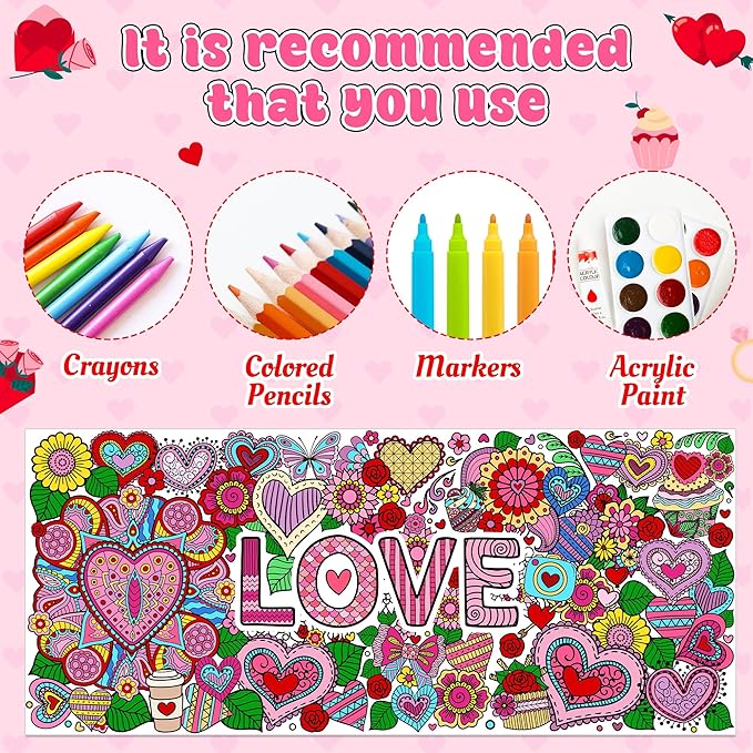 dvbonike jumbo love mandala coloring poster - valentine’s day heart flower diy drawing color-in paper blank art banner 55.1 x 23.6 inch wall decor, home classroom activity for kids party supplies