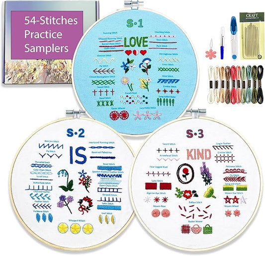 Sutesloly Embroidery Kit for Beginners Adults, 3 Sets Learn to Floral Patterns Simple Starter kit for Beginners, 54 Stitches Easy Practice Kit, 7.8inch Hoop, Hand DIY Craft Gift for Women
