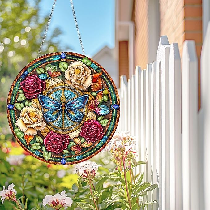Wergund 5D DIY Butterfly Diamond Art Hanging Kits, Hanging Diamond Art Rose, Acrylic Special Shaped Rhinestone, Window Hanging Pendants for Home Wall Garden Front Door Outdoor Decor Gift(Butterfly)