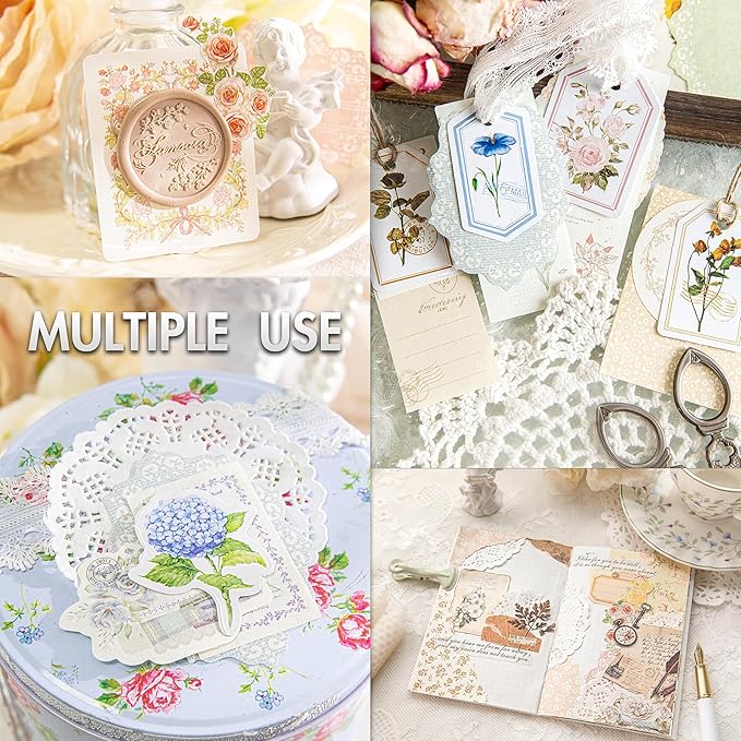 OKUPAN Vintage Floral Scrapbook Paper & Journaling Stickers (100pcs) Assorted Set (Pink) - Scrapbook Supplies Kit for Bullet Journaling, Retro Crafts, Planner, Mixed Media, Collage Card Album