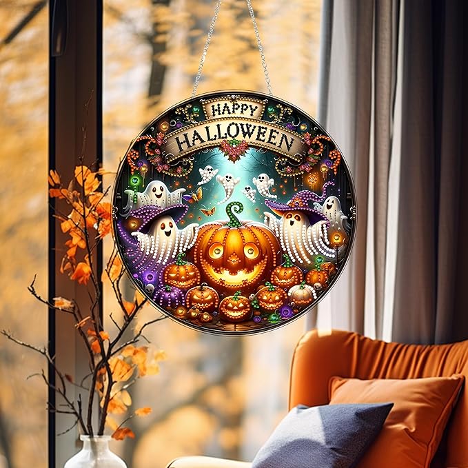 JJFox DIY Halloween Acrylic Diamond Art Painting Wreath Kits Special Shaped Rhinestone Diamond Art Window Pendants Home Garden Wall Hanging Kits Hanging Ornament (Ghosts and Pumpkins)