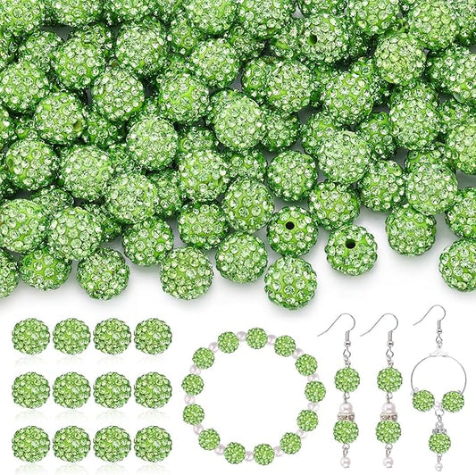 200 pcs light green rhinestone beads for jewelry making, sparkle crystal clay christmas for bracelet baseball necklace earring crafting and diy, shiny round shamballa disco ball beads bulk