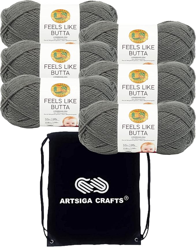 Lion Brand Feels Like Butta Charcoal 215-150 (6-Skeins - Same Dye Lot) Worsted Medium #4 Polyester Yarn for Crocheting and Knitting with Project Bag
