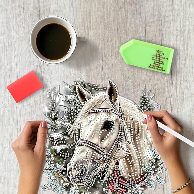 SENQAO Christmas Diamond Art Hanging Kits for Adults, Horse Diamond Art Suncatchers, 5D Special Shape Diamond Painting Pendant Window Ornament Gifts for Home Door Wall Decor