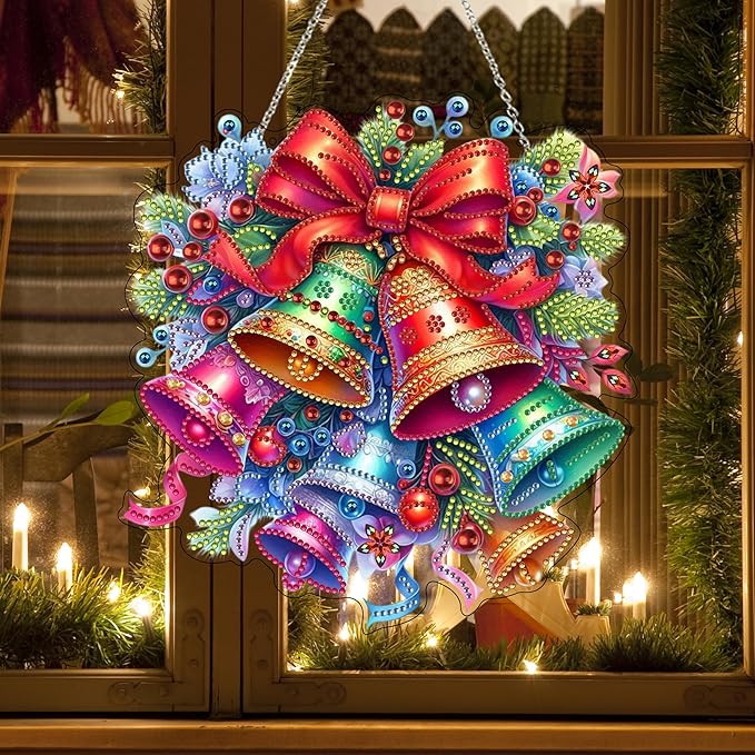 JJFox DIY Acrylic Diamond Art Painting Wreath Kits Special Shaped Rhinestone Diamond Art Window Pendants Home Garden Wall Hanging Kits Hanging Ornament (Christmas Bell)