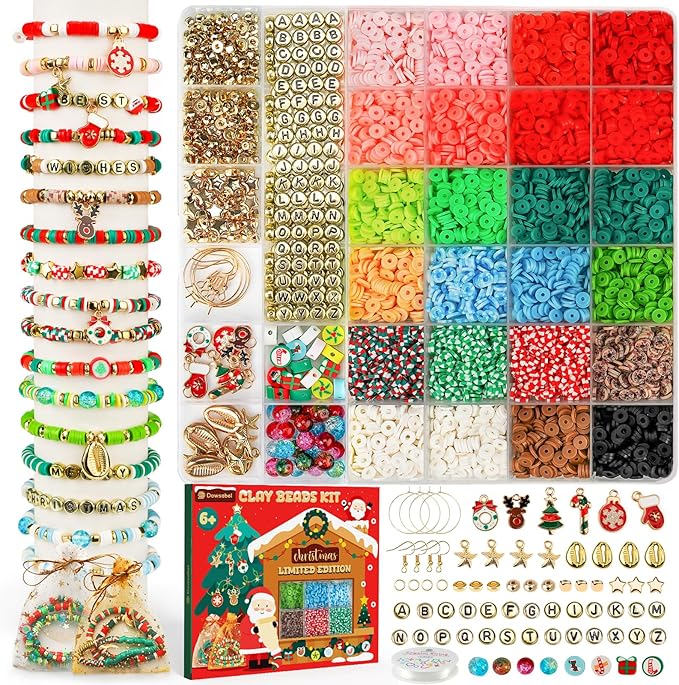 Dowsabel 6000 Pcs Christmas Clay Beads Bracelet Making Kit for Beginner, Clay Beads with Charms Kit for Jewelry Making Crafts DIY Arts and Crafts