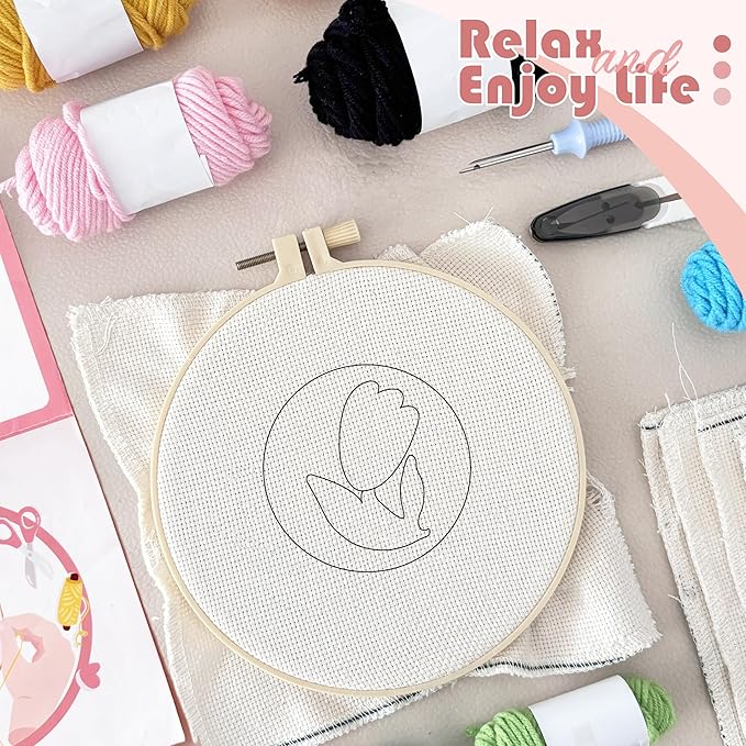 SEREDH Punch Needle Kit for Beginners Adults Easy Needle Punch Embroidery Tool Set Including Threader Instruction Fabric Hoop Yarn Coaster DIY Making Kit Supplies,Set of 8 Flora Art Crafts Gifts