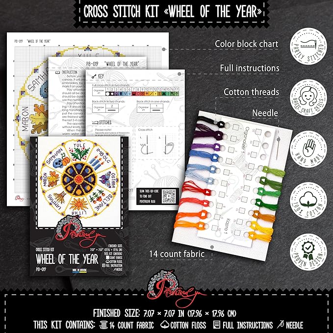 Povitrulya Counted Cross Stitch Kit Wheel of The Year - DIY Hand Embroidery Set, Pagan Celtic Wiccan Calendar, Pattern with Witchy Design for Adults, Norse Home Decor, Halloween Seasonal Gift