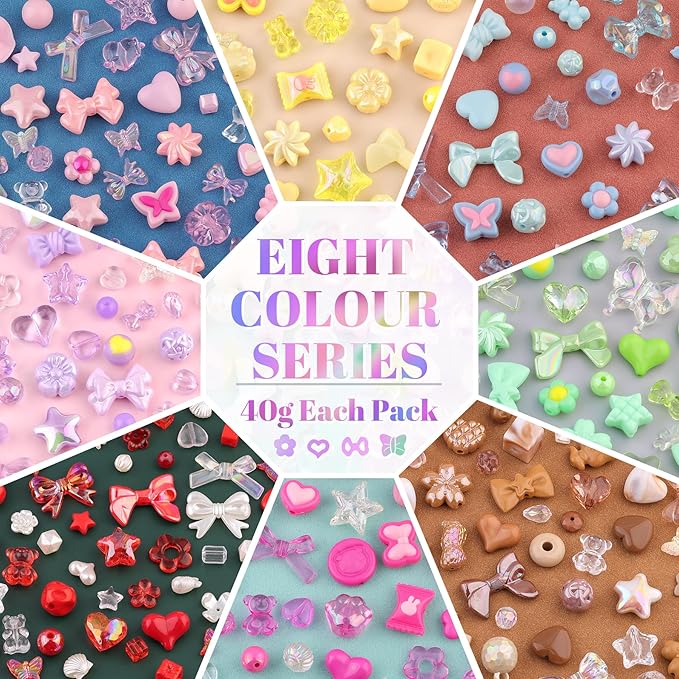 500-550pcs tinkrstuff assorted acrylic beads, 8 colors series cute beads for bracelet making, bow aesthetic gummybear candy butterfly kawaii charms for jewelry making diy necklace keychain phone charm