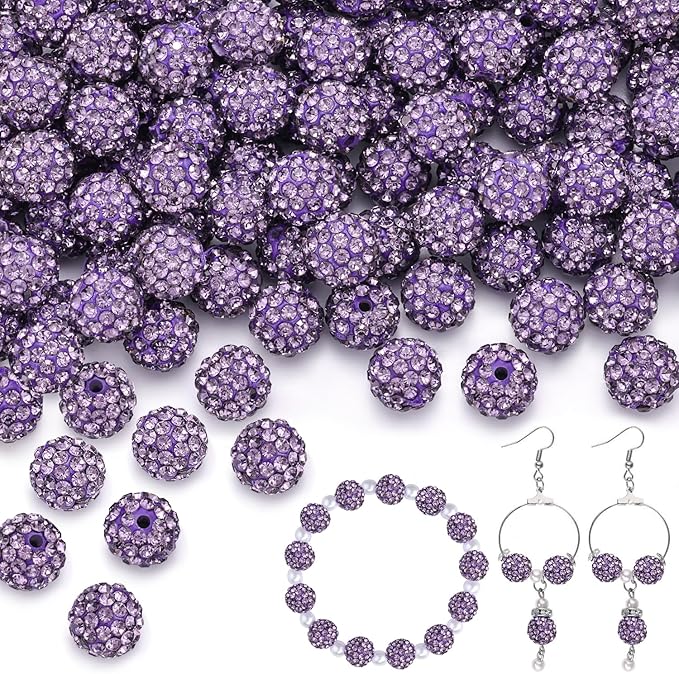 100 pcs 10mm Rhinestone Beads for Jewelry Making, Purple Shiny Round Shamballa Disco Beads Bulk, Sparkle Crystal Clay Christmas for Bracelet Baseball Necklace Earring Crafting and DIY
