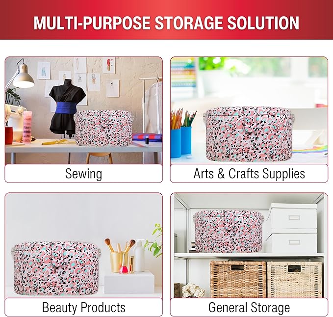 SINGER Large Round Sewing Basket with Emergency Travel Sewing Kit & Matching Zipper Pouch - Rose Pink Leopard Print