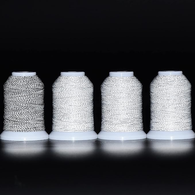 New brothread 4 Spools Reflective Embroidery Machine Thread (3 White +1 Black) 30WT 500M(550Y) Each Spool for Embroidery, Quilting and Sewing