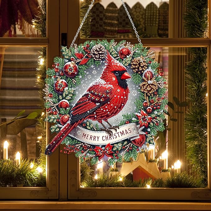 JJFox Diamond Art Hanging Kit for Adult,Special Shaped Rhinestone,DIY Acrylic 5D Diamond Art Painting Window Pendants Home Garden Wall Hanging Kits Hanging Ornament,Double Sided. (Christmas Cardinal)