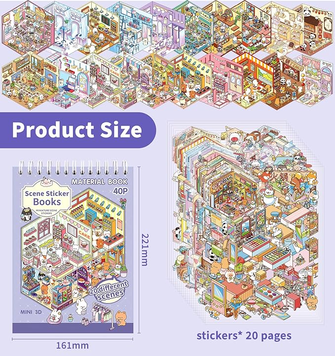 DIY 3D House Stickers, 20 Sets Fun DIY Stickers Scene Make Your Own Mini House Cute Cartoon Animal Scene Sticker for Kids Adult Sticker Art Relief Stress Pass The Time Holiday Christmas Fun