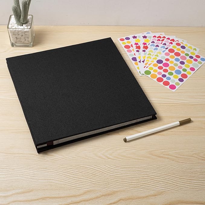 Large Photo Album Self Adhesive 4x6 8x10 10x12 13"x12.6" Scrapbook Album 12.6"x11" Inch 60 Black Sticky Pages Linen Cover Magnetic Photo Album with A Metallic Pen and DIY Stickers(Black)