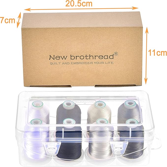 New brothread - 20 Options - 8 Snap Spools of 1000m Each Polyester Embroidery Machine Thread with Clear Plastic Storage Box for Embroidery & Quilting - Monochrome