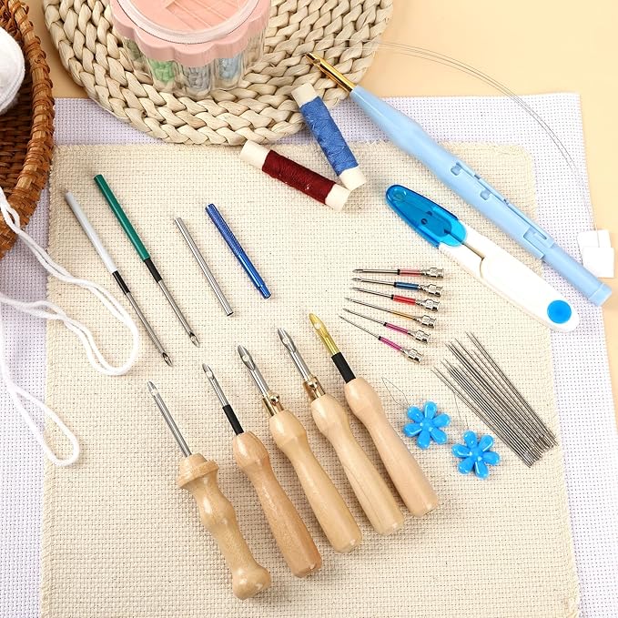 AUGSUN 39Pcs Punch Needle Embroidery Kit, Punch Needle Accessories Set Include Monk's Cloth Cross Stitch Fabric Adjustable Punch Tool for Handicraft Gifts Embroidery DIY Crafting Activity