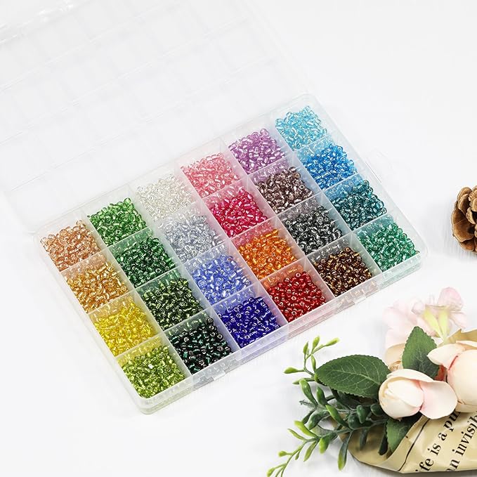 4mm Silver Lined Glass Seed Beads Kit - 3960pcs with Storage Box, 24 Vibrant Colors (165pcs/Color), Ideal for Jewelry Making, Bracelets & DIY Crafts