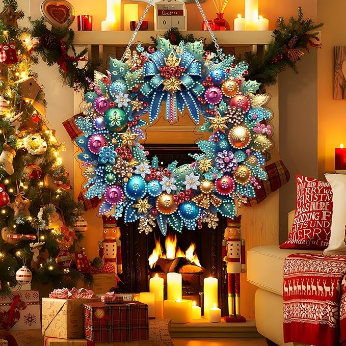 JJFox Diamond Art Hanging Kit for Adult,Special Shaped Rhinestone,Double Sided 5D DIY Acrylic Diamond Art Painting Window Pendants Home Garden Wall Hanging Kits Hanging Ornament (Christmas Wreath)